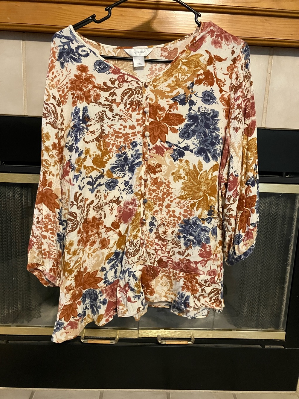 CJ Banks Cream Floral Button-Front Blouse with Ruffle Hem